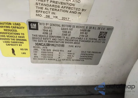 2017 Chevrolet Trax Lt z USA, uszkodzony, nr VIN 3GNCJLSB1HL210185